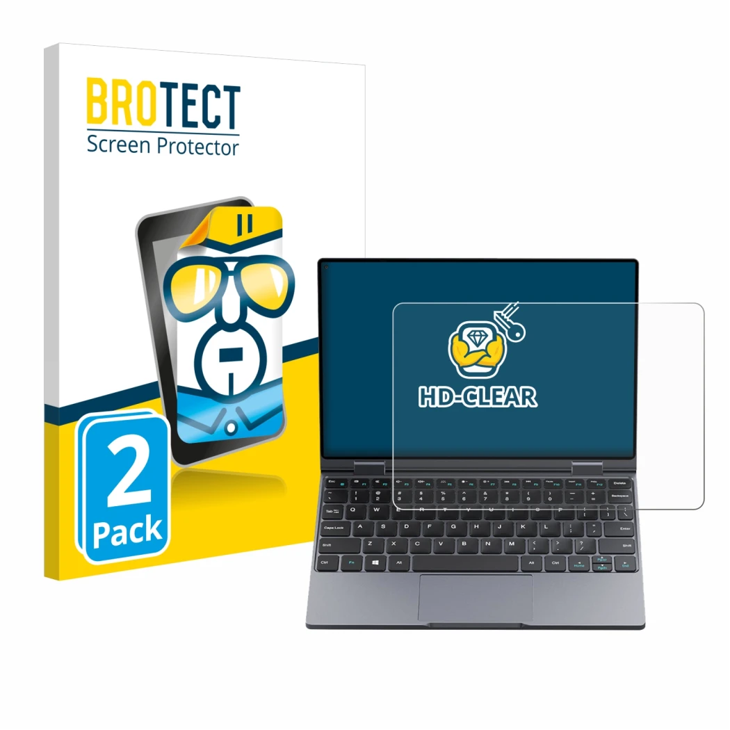 Front side of a product packaging with the brand logo BROTECT. Next to it is the device Chuwi MiniBook X shown with the corres