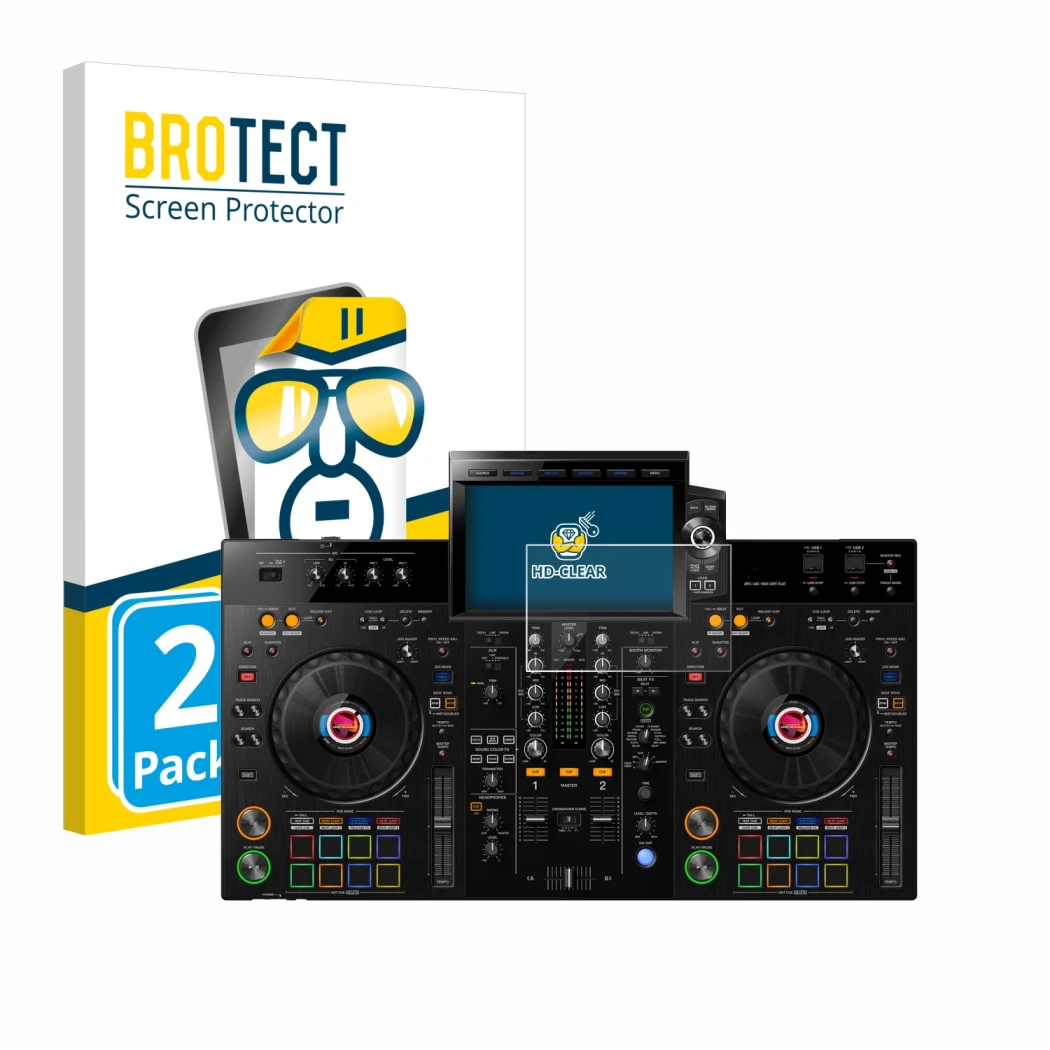 Front side of a product packaging with the brand logo BROTECT. Next to it is the device Pioneer XDJ-RX3 shown with the corresp