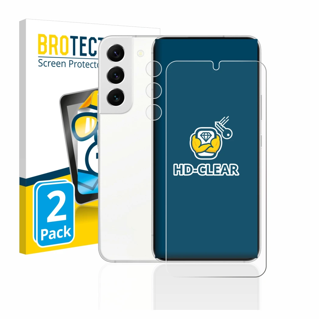 Front side of a product packaging with the brand logo BROTECT. Next to it is the device Samsung Galaxy S22 5G (Front+Camera) s