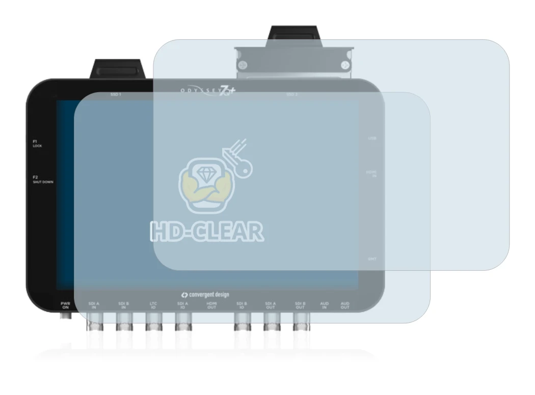 Image of the device Convergent Design Odyssey 7Q+ with a wide variety of screen protectors.