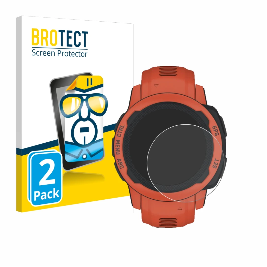 Front side of a product packaging with the brand logo BROTECT. Next to it is the device Garmin Instinct 2S shown with the corr