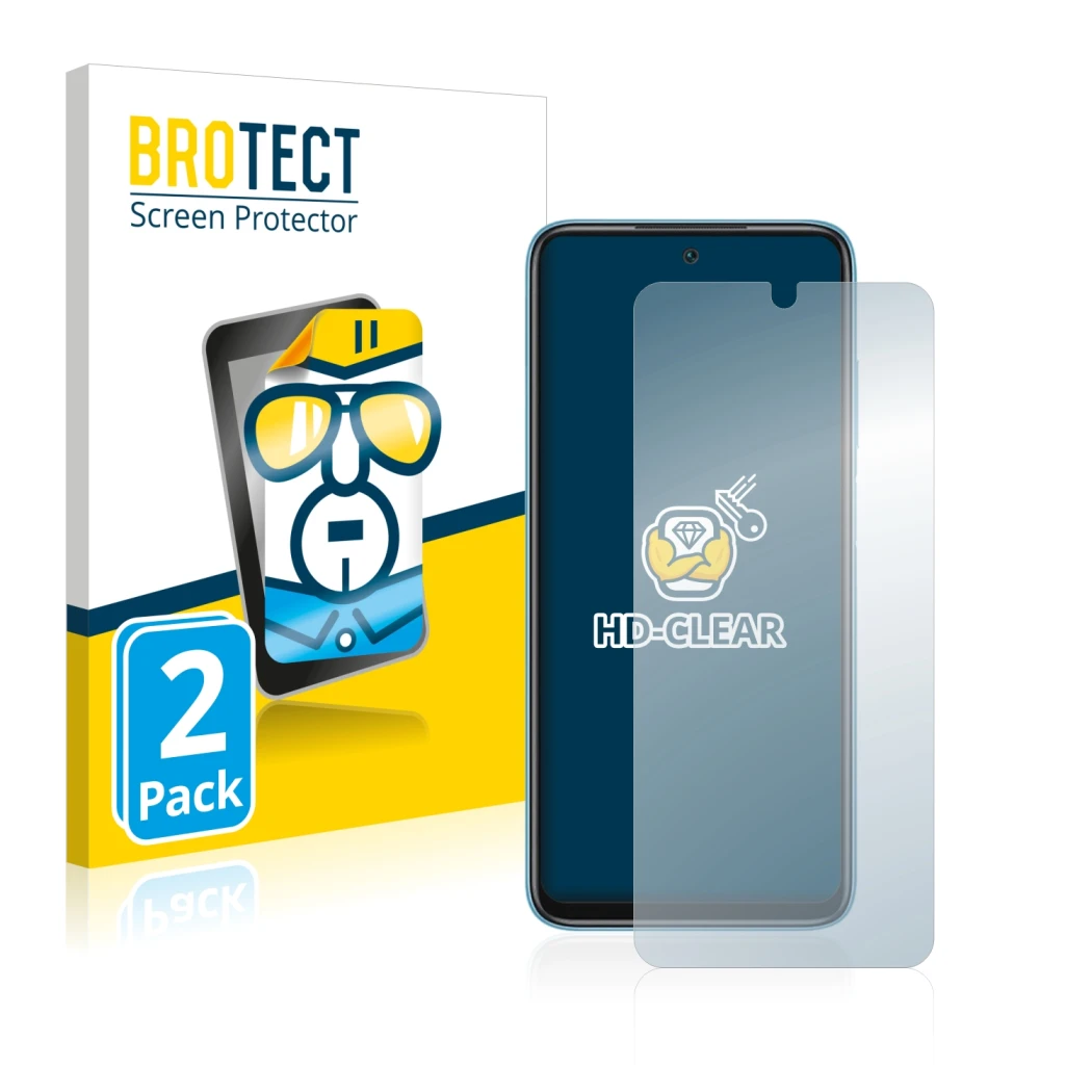 Front side of a product packaging with the brand logo BROTECT. Next to it is the device Xiaomi Redmi 10 (2022) shown with the 