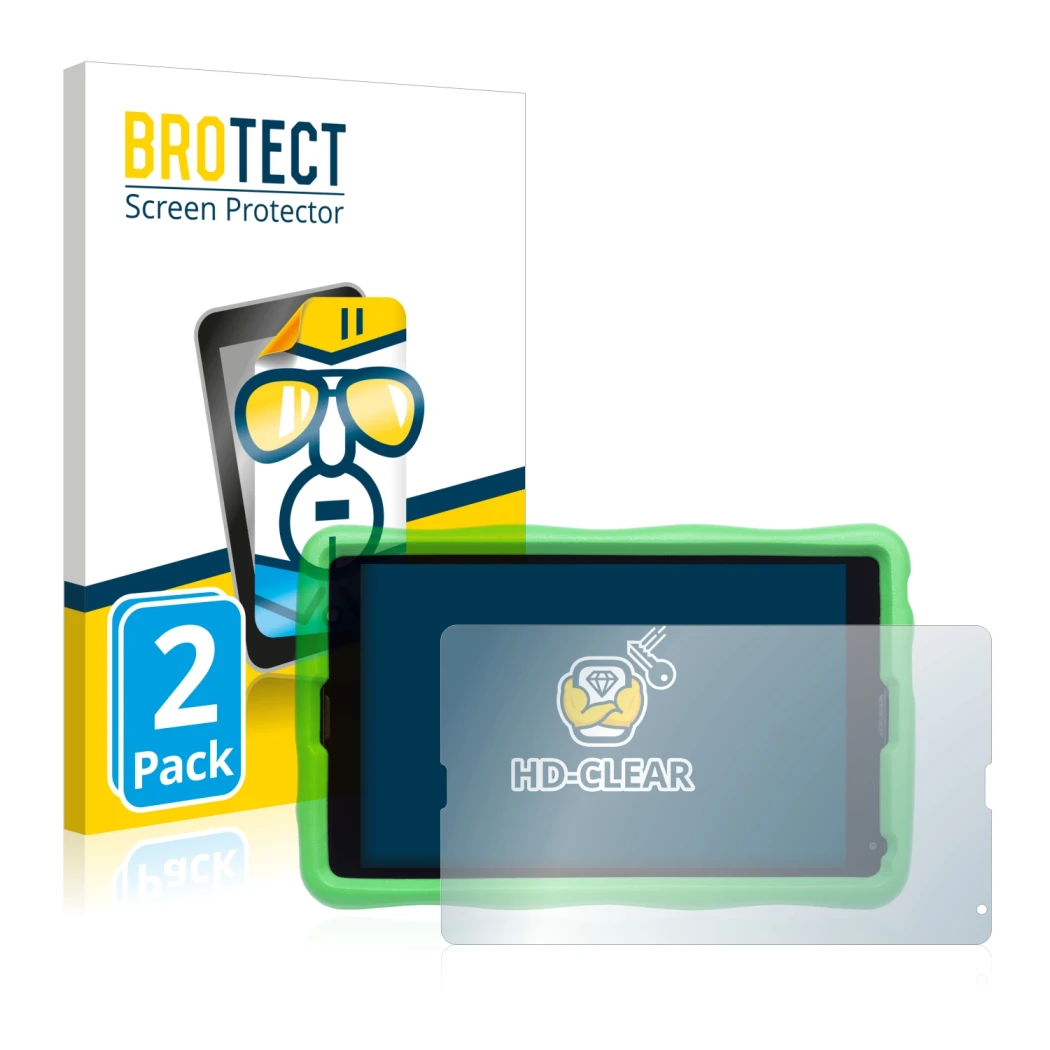 Front side of a product packaging with the brand logo BROTECT. Next to it is the device MEDION Lifetab E10440 Kids shown with 