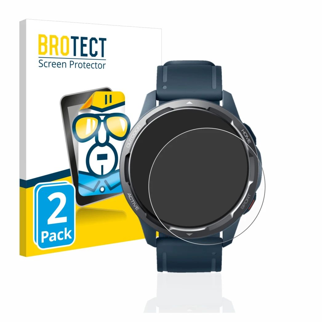 Front side of a product packaging with the brand logo BROTECT. Next to it is the device Xiaomi Watch S1 Active shown with the