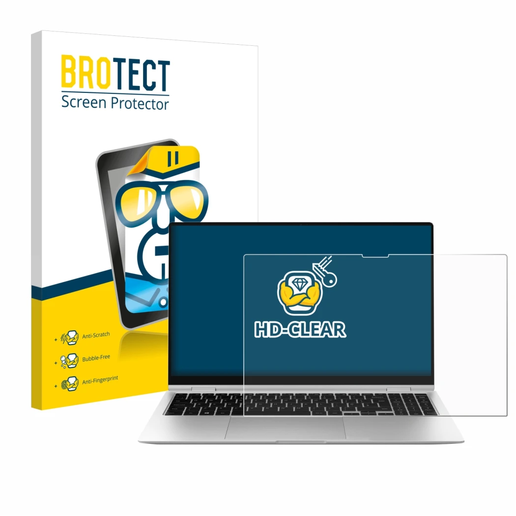 Front side of a product packaging with the brand logo BROTECT. Next to it is the device Samsung Galaxy Book2 Pro 360 15.6