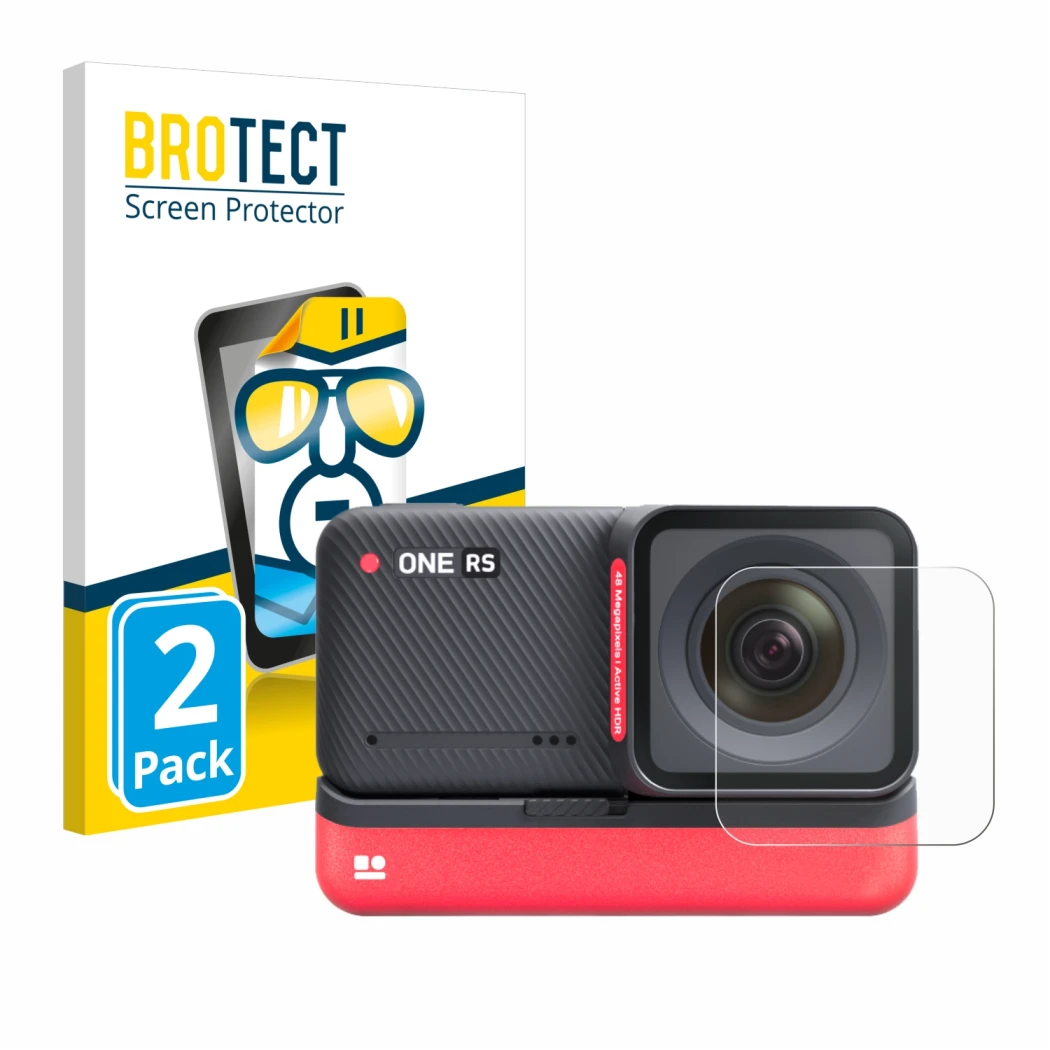 Front side of a product packaging with the brand logo BROTECT. Next to it is the device Insta360 One RS 4K Edition (Lens) show