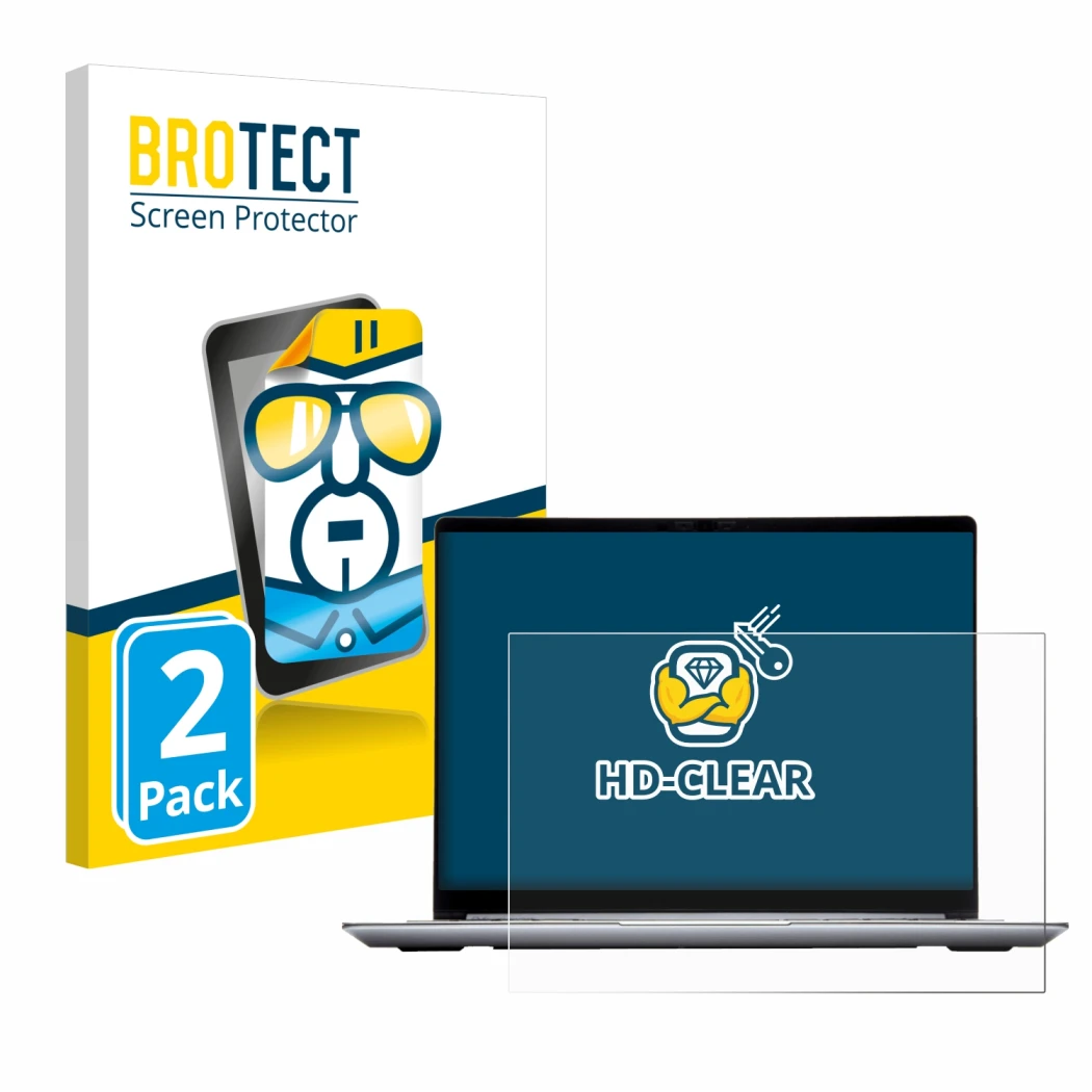 Front side of a product packaging with the brand logo BROTECT. Next to it is the device Framework Laptop 13 shown with the cor