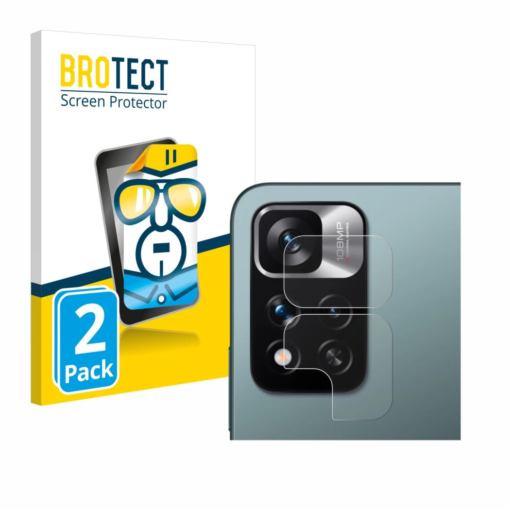 Front side of a product packaging with the brand logo BROTECT. Next to it is the device Xiaomi Redmi Note 11 Pro+ 5G (ONLY Cam