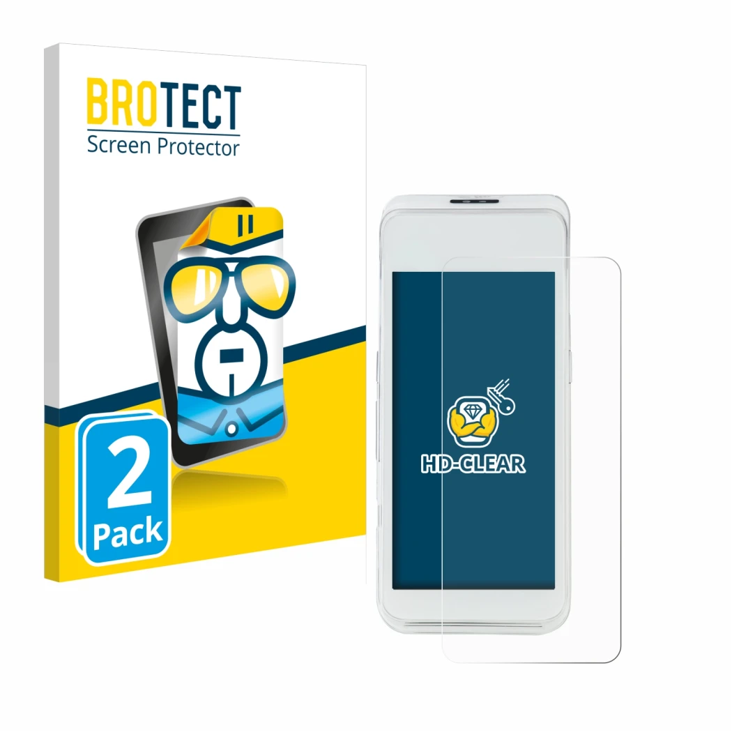 Front side of a product packaging with the brand logo BROTECT. Next to it is the device Pax A920 Pro shown with the correspond