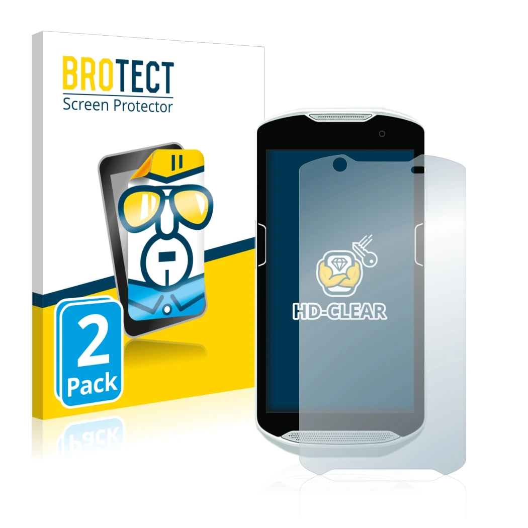 Front side of a product packaging with the brand logo BROTECT. Next to it is the device Zebra TC52 shown with the correspondin