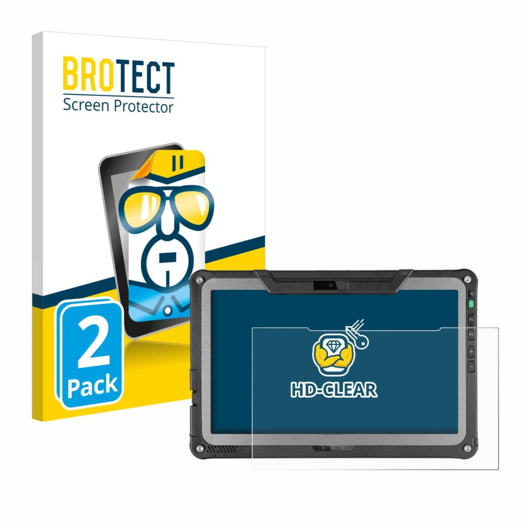 Front side of a product packaging with the brand logo BROTECT. Next to it is the device Getac F110 G6 shown with the correspon