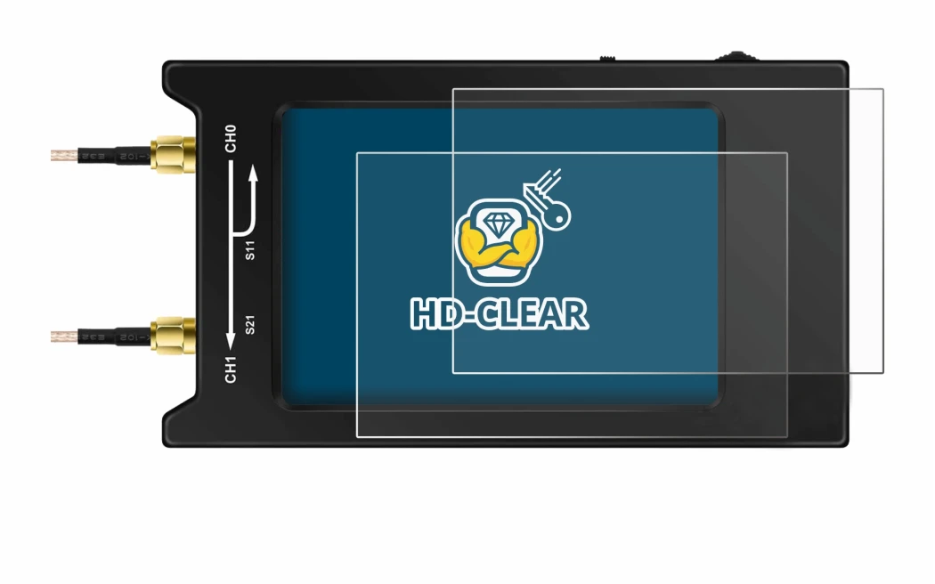 Image of the device NanoVNA H4 with a wide variety of screen protectors.