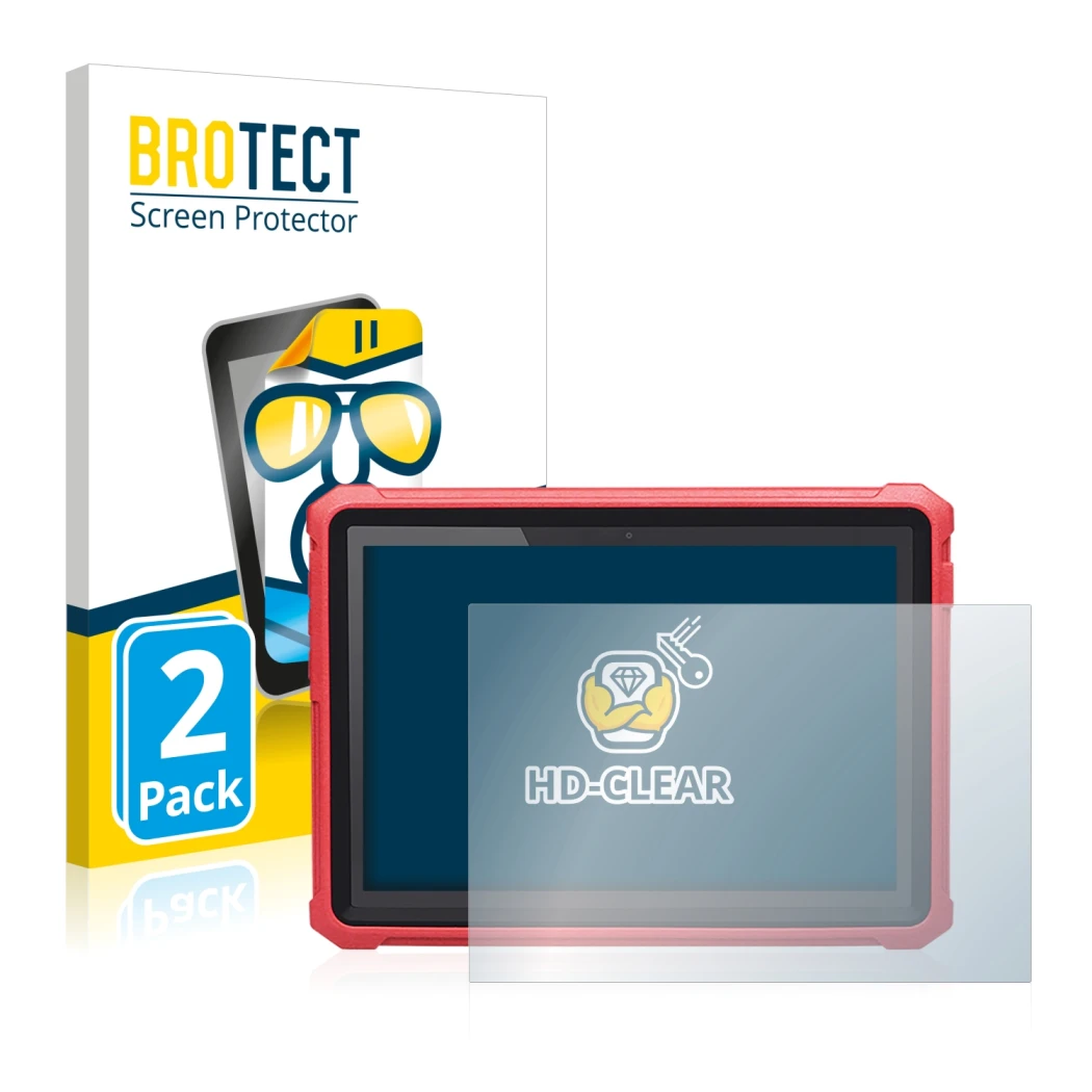 Front side of a product packaging with the brand logo BROTECT. Next to it is the device Launch X-431 Pro 5 shown with the corr