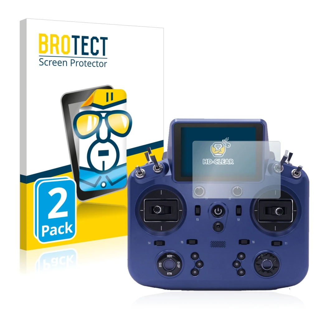Front side of a product packaging with the brand logo BROTECT. Next to it is the device FrSky Tandem X18 shown with the corres
