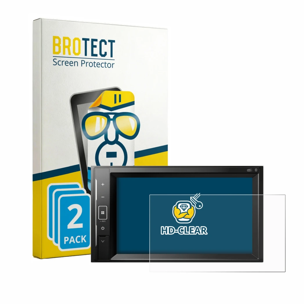 Front side of a product packaging with the brand logo BROTECT. Next to it is the device Pioneer AVH-A240DAB shown with the cor