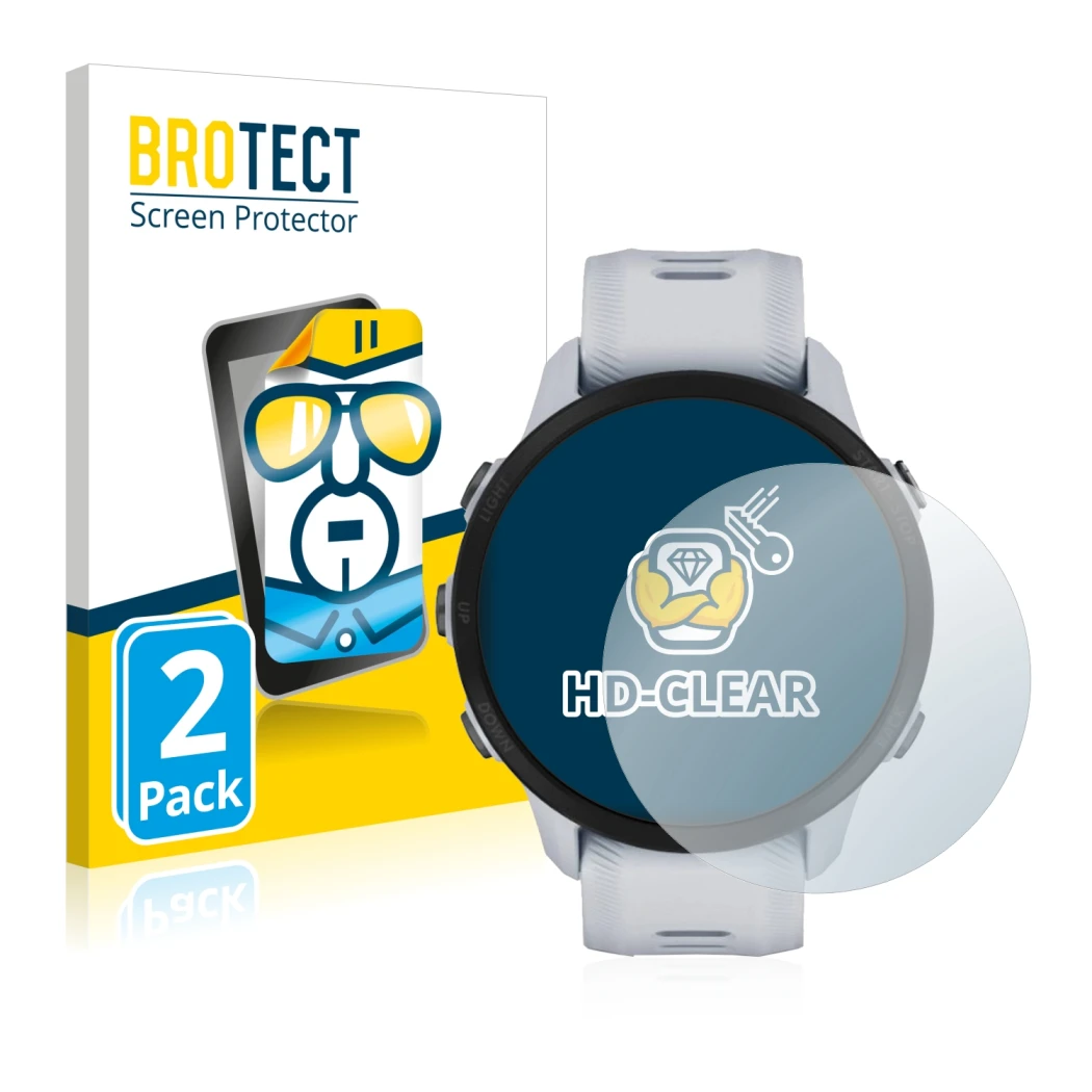 Front side of a product packaging with the brand logo BROTECT. Next to it is the device Garmin Forerunner 955 shown with the c