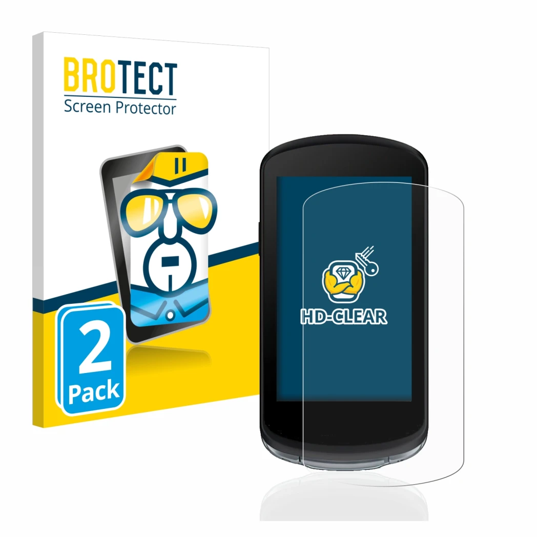 Front side of a product packaging with the brand logo BROTECT. Next to it is the device Garmin Edge 1040 shown with the corres