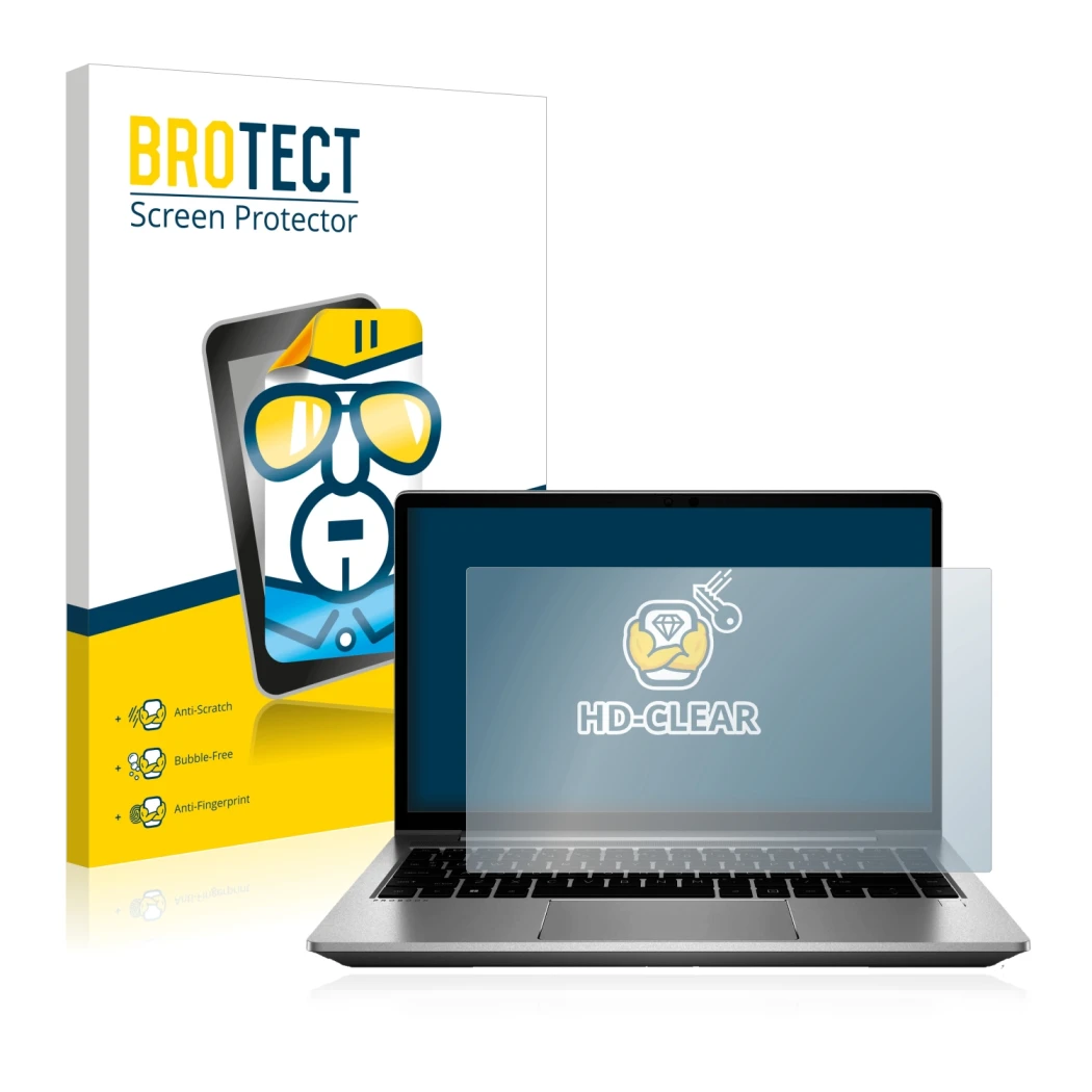 Front side of a product packaging with the brand logo BROTECT. Next to it is the device HP ProBook 640 G8 shown with the corre