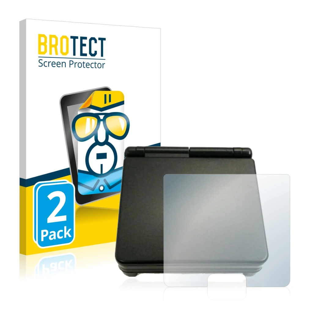 Front side of a product packaging with the brand logo BROTECT. Next to it is the device Nintendo Gameboy Advance SP (housing)