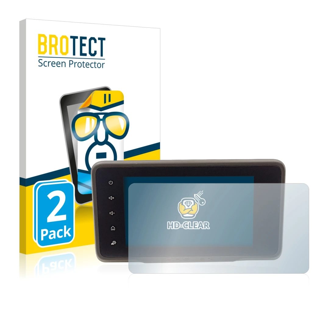 Front side of a product packaging with the brand logo BROTECT. Next to it is the device Dacia Duster 2 MediaDisplay shown with