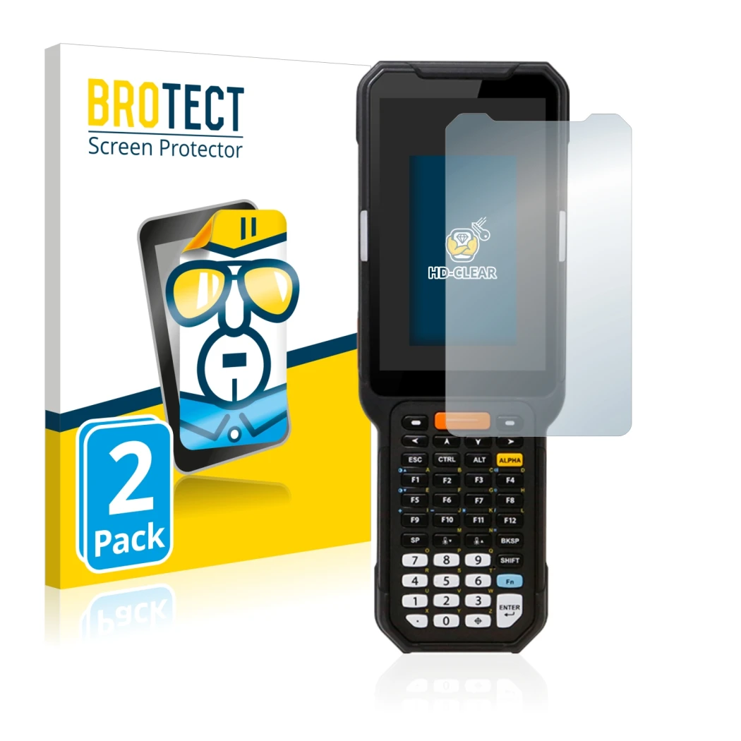 Front side of a product packaging with the brand logo BROTECT. Next to it is the device Point Mobile PM451 shown with the corr