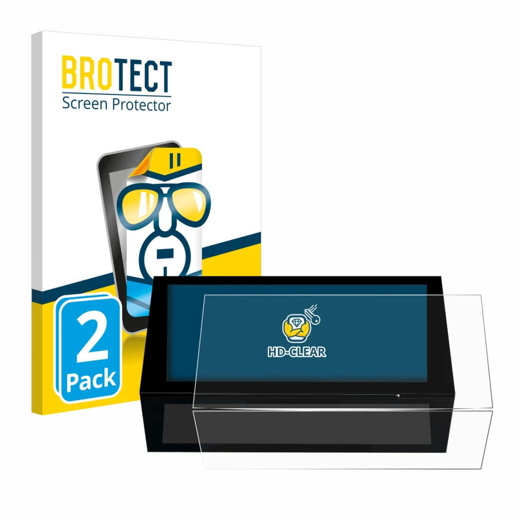 Front side of a product packaging with the brand logo BROTECT. Next to it is the device Peugeot 308 2022 Infotainment System 1