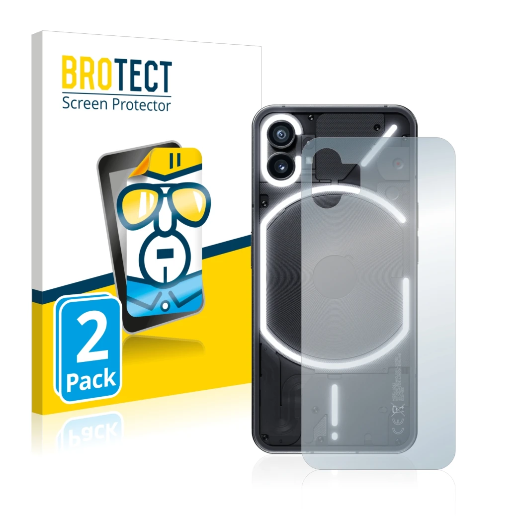 Front side of a product packaging with the brand logo BROTECT. Next to it is the device Nothing Phone (1) (Back) shown with th