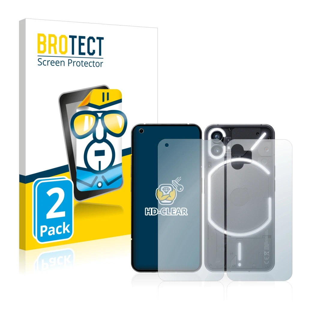 Front side of a product packaging with the brand logo BROTECT. Next to it is the device Nothing Phone (1) (Front+Back) shown w