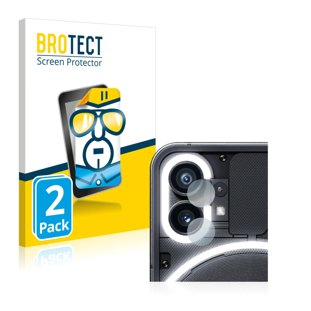 Front side of a product packaging with the brand logo BROTECT. Next to it is the device Nothing Phone (1) (ONLY Camera Lens) s