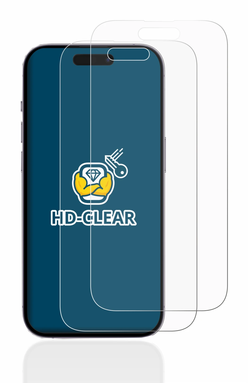 Image of the device Apple iPhone 14 Pro with a wide variety of screen protectors.