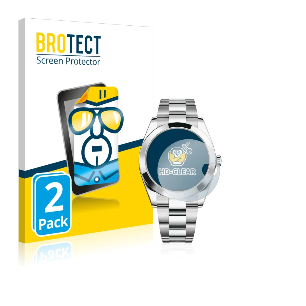 Front side of a product packaging with the brand logo BROTECT. Next to it is the device Rolex Datejust 41 shown with the corre
