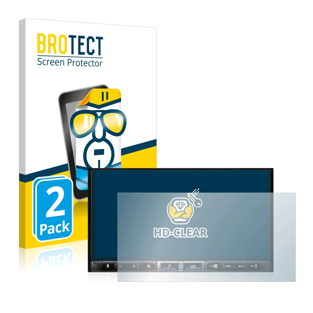 Front side of a product packaging with the brand logo BROTECT. Next to it is the device Alpine iLX-705D shown with the corresp