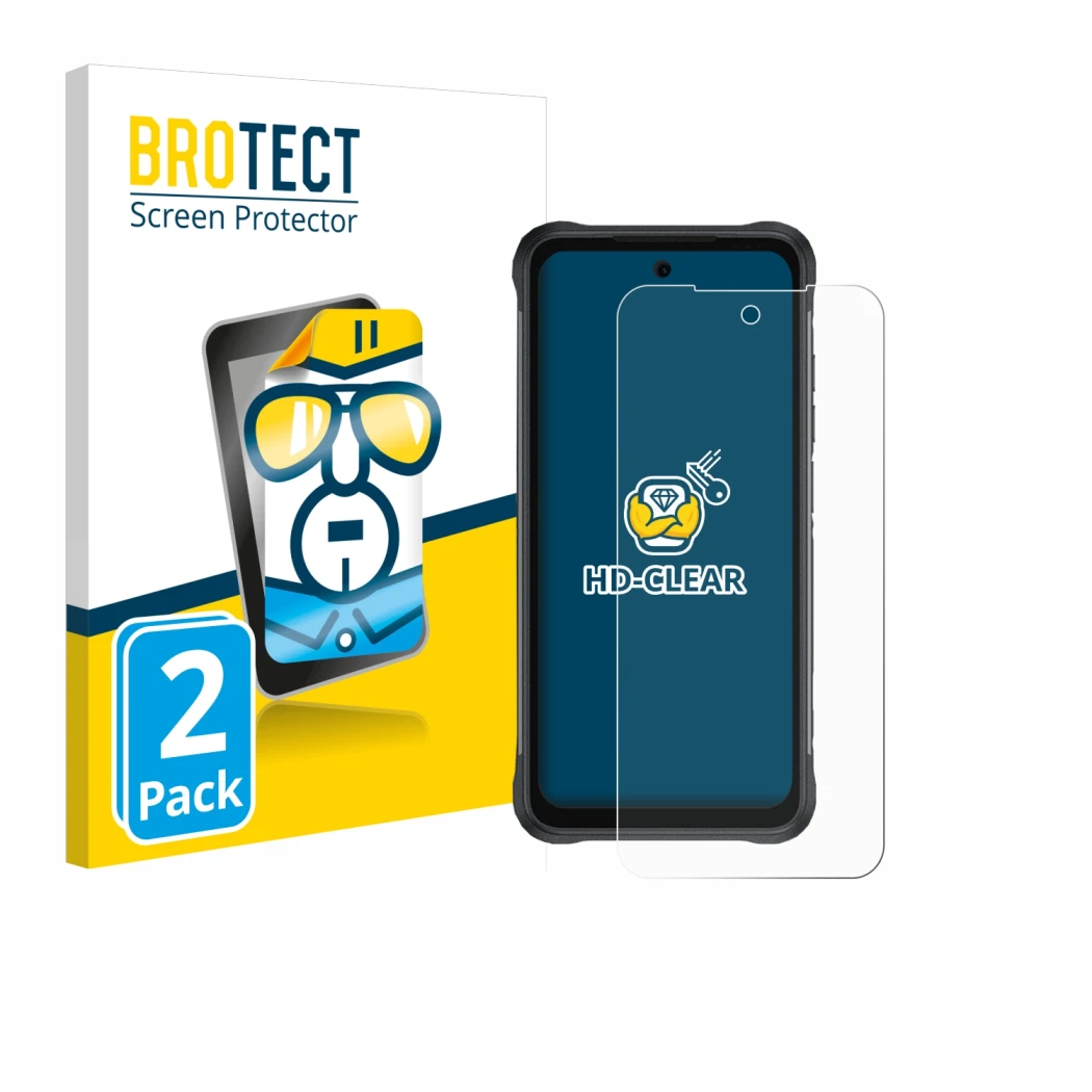 Front side of a product packaging with the brand logo BROTECT. Next to it is the device Umidigi Bison 2 Pro shown with the cor