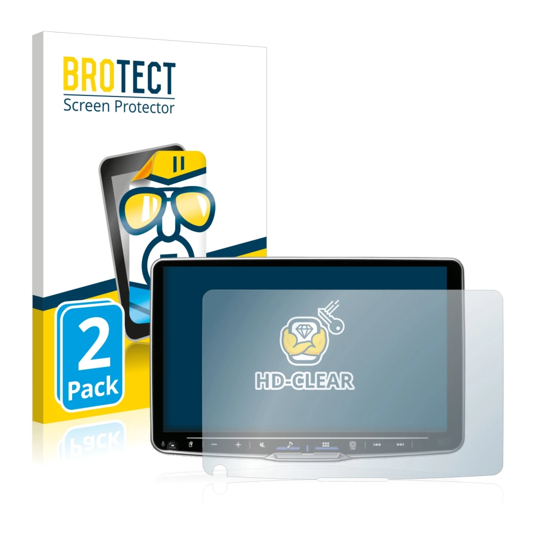 Front side of a product packaging with the brand logo BROTECT. Next to it is the device Alpine iLX-F905D shown with the corres