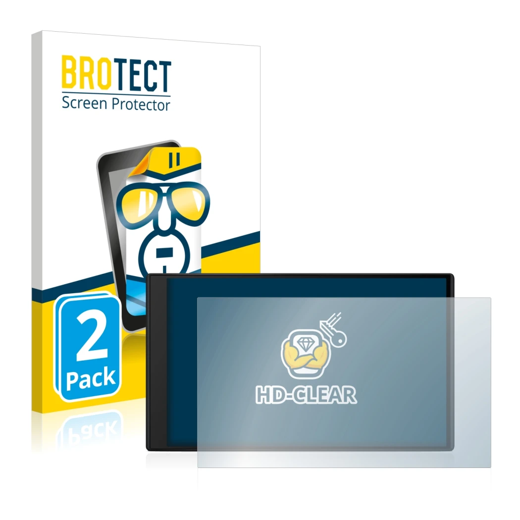 Front side of a product packaging with the brand logo BROTECT. Next to it is the device Garmin Camper 795 shown with the corre