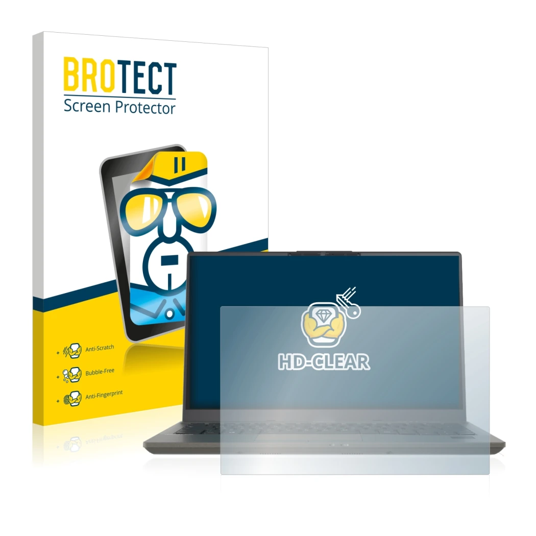 Front side of a product packaging with the brand logo BROTECT. Next to it is the device Fujitsu Lifebook U7411 shown with the 