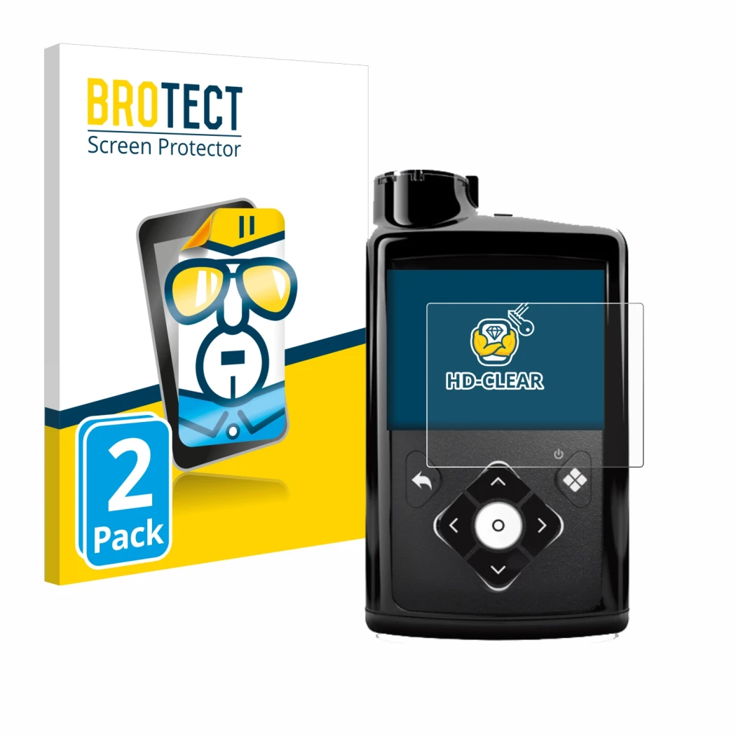 Front side of a product packaging with the brand logo BROTECT. Next to it is the device Medtronic Minimed 780G shown with the