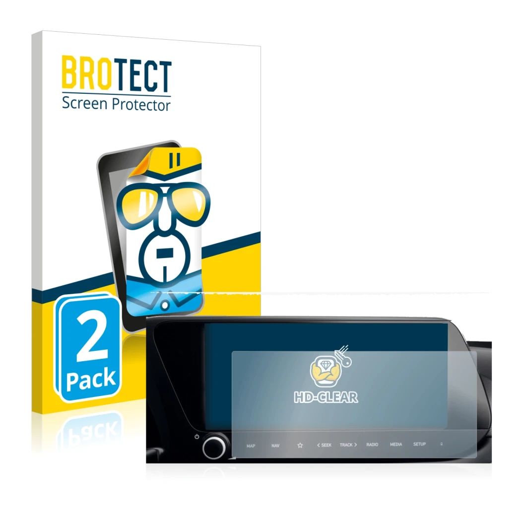 Front side of a product packaging with the brand logo BROTECT. Next to it is the device Hyundai i20 2022 Infotainment System 1