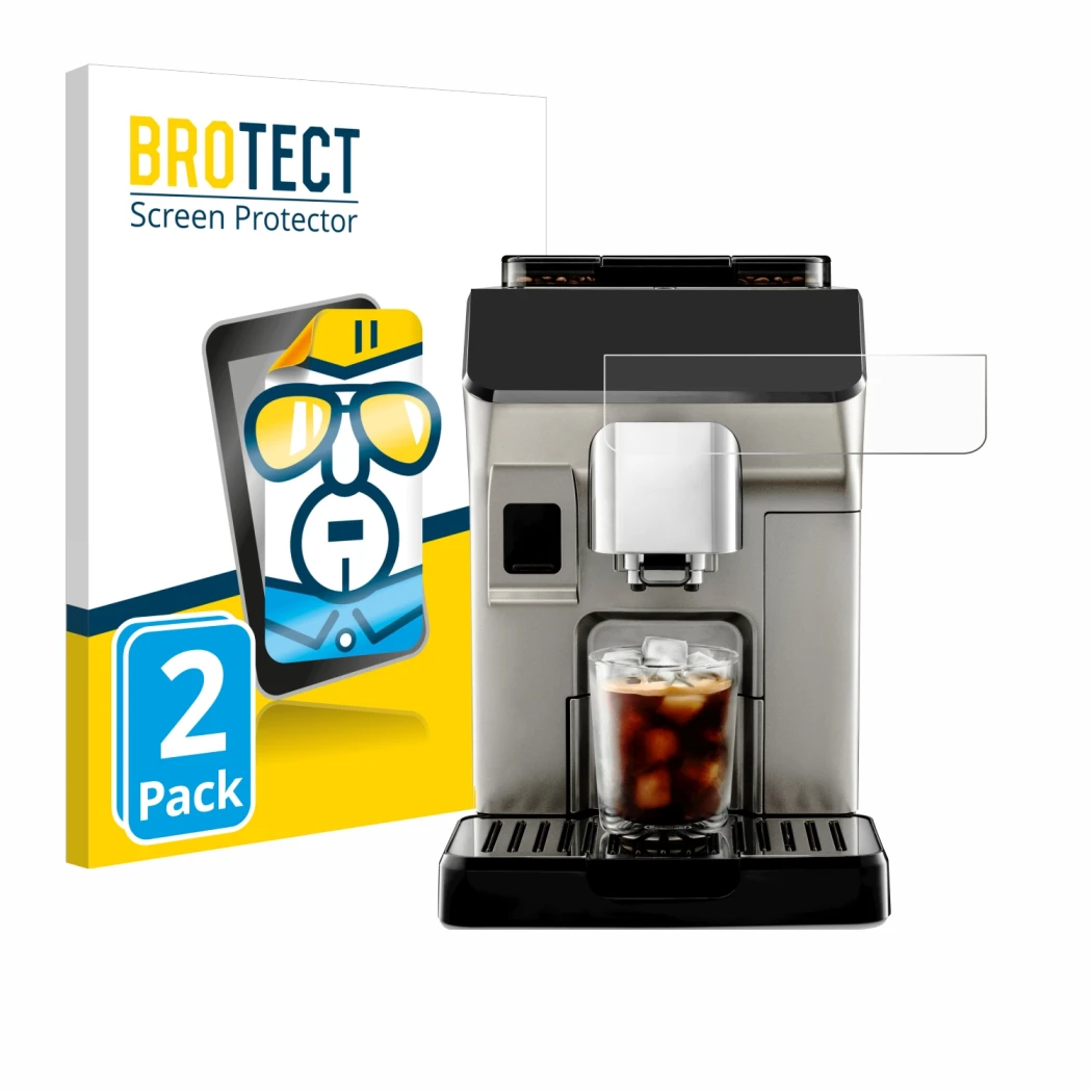 Front side of a product packaging with the brand logo BROTECT. Next to it is the device DeLonghi Eletta Explore shown with the
