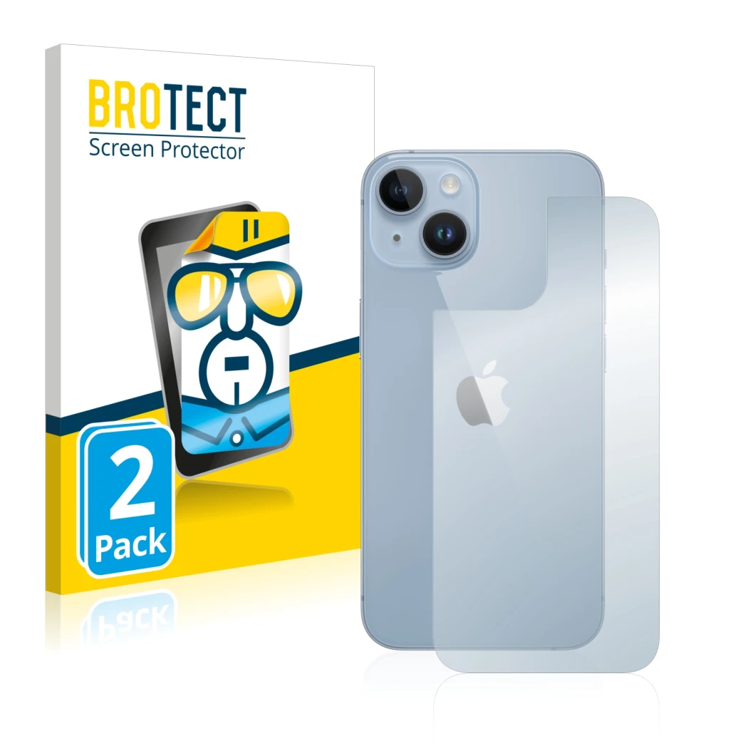 Front side of a product packaging with the brand logo BROTECT. Next to it is the device Apple iPhone 14 (Back) shown with the