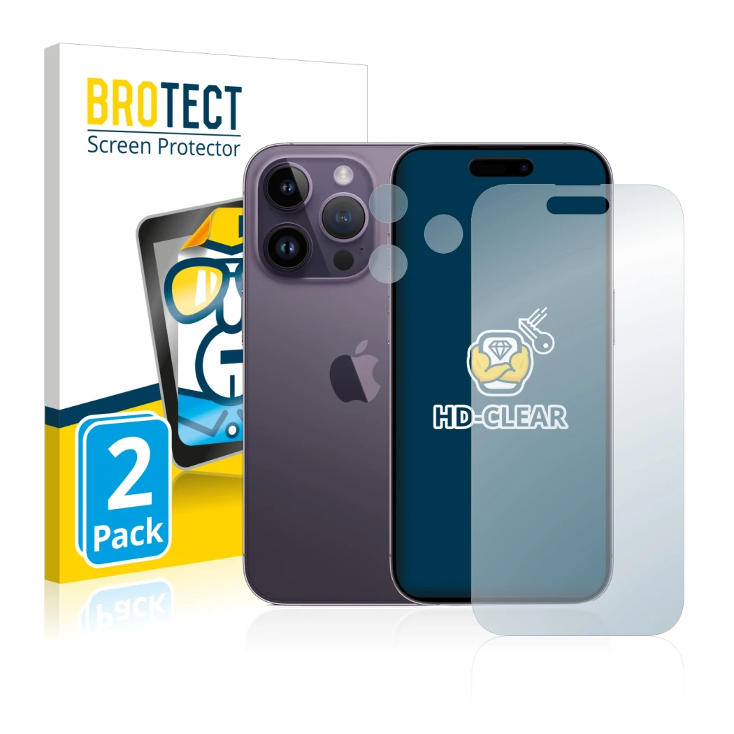 Front side of a product packaging with the brand logo BROTECT. Next to it is the device Apple iPhone 14 Pro (Front+Camera) sho