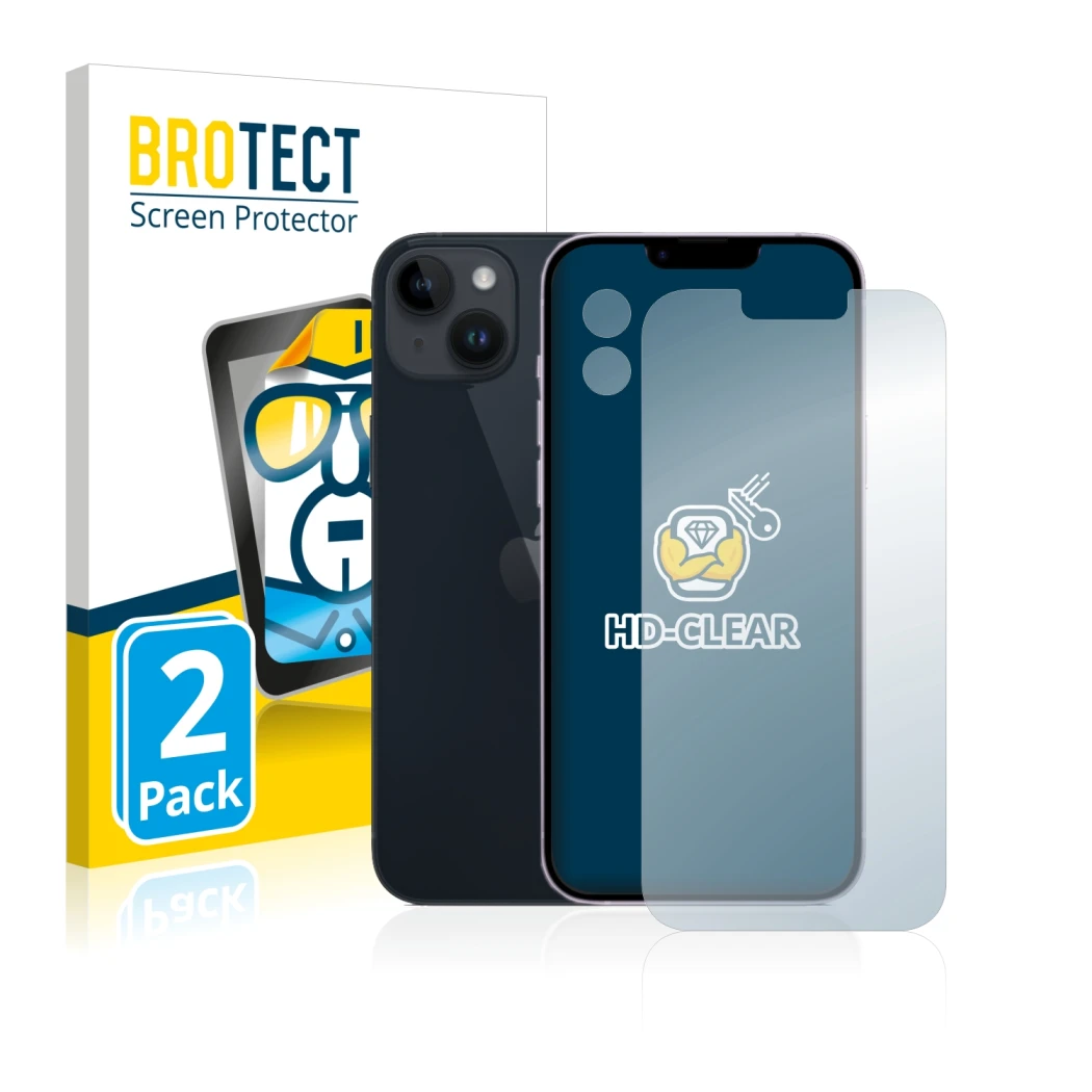Front side of a product packaging with the brand logo BROTECT. Next to it is the device Apple iPhone 14 Plus (Front+Camera) sh