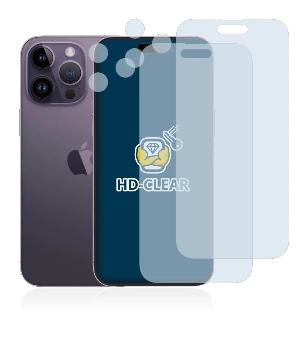 Image of the device Apple iPhone 14 Pro Max (Front+Camera) with a wide variety of screen protectors.