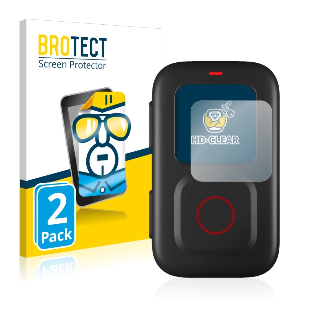 Front side of a product packaging with the brand logo BROTECT. Next to it is the device GoPro Remote shown with the correspond