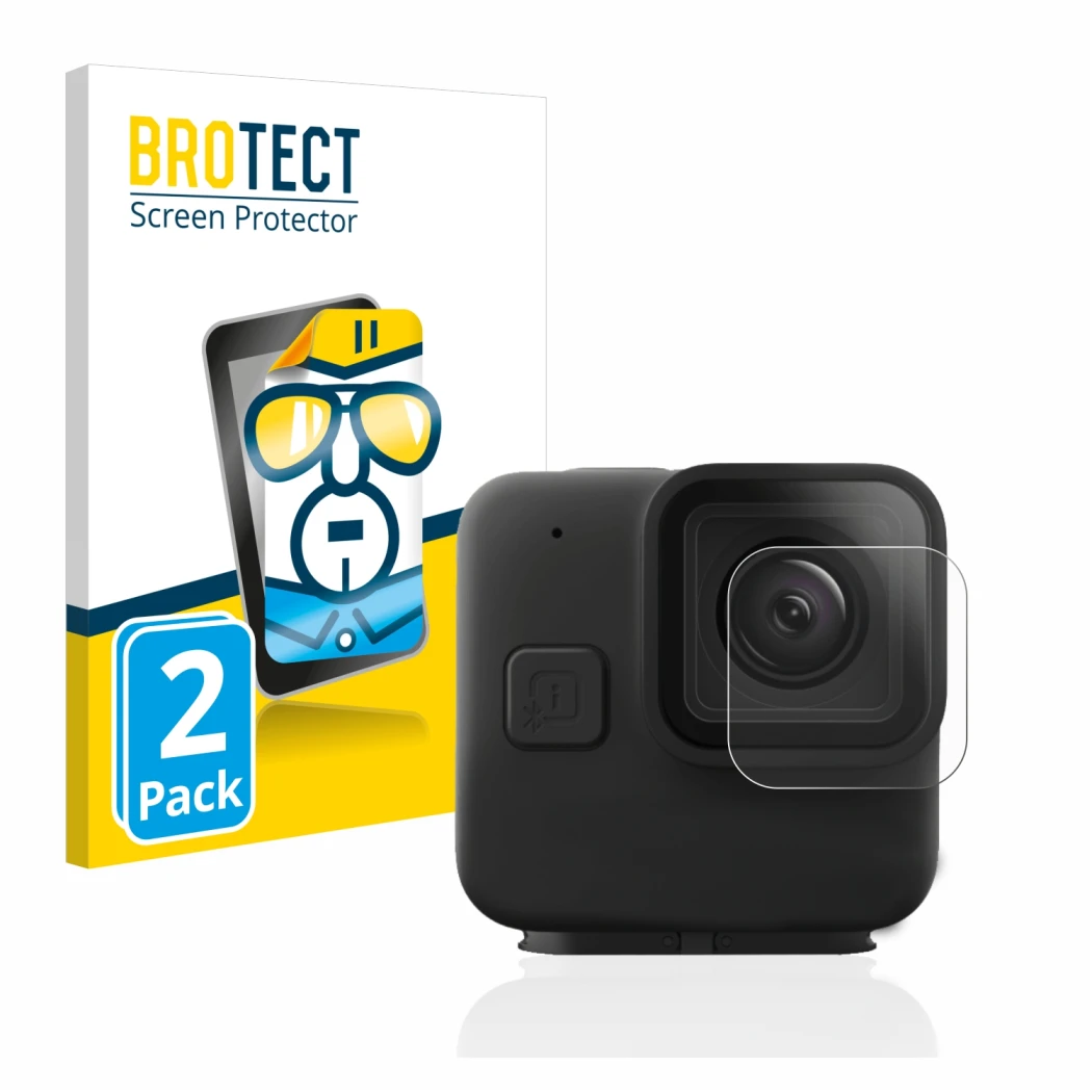 Front side of a product packaging with the brand logo BROTECT. Next to it is the device GoPro Hero 11 mini Lens (housing) show
