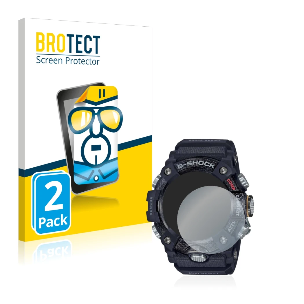 Front side of a product packaging with the brand logo BROTECT. Next to it is the device Casio G-Shock Mudmaster GG-B100-1AER s