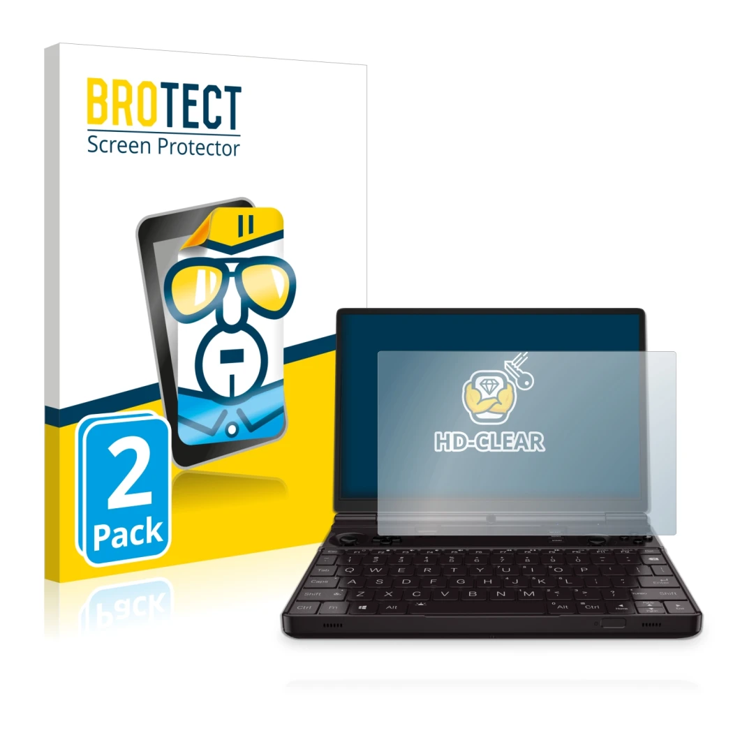Front side of a product packaging with the brand logo BROTECT. Next to it is the device GPD Win Max 2 shown with the correspon