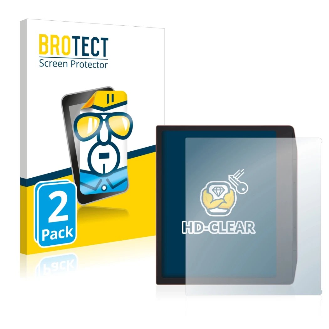 Front side of a product packaging with the brand logo BROTECT. Next to it is the device PocketBook Era shown with the correspo