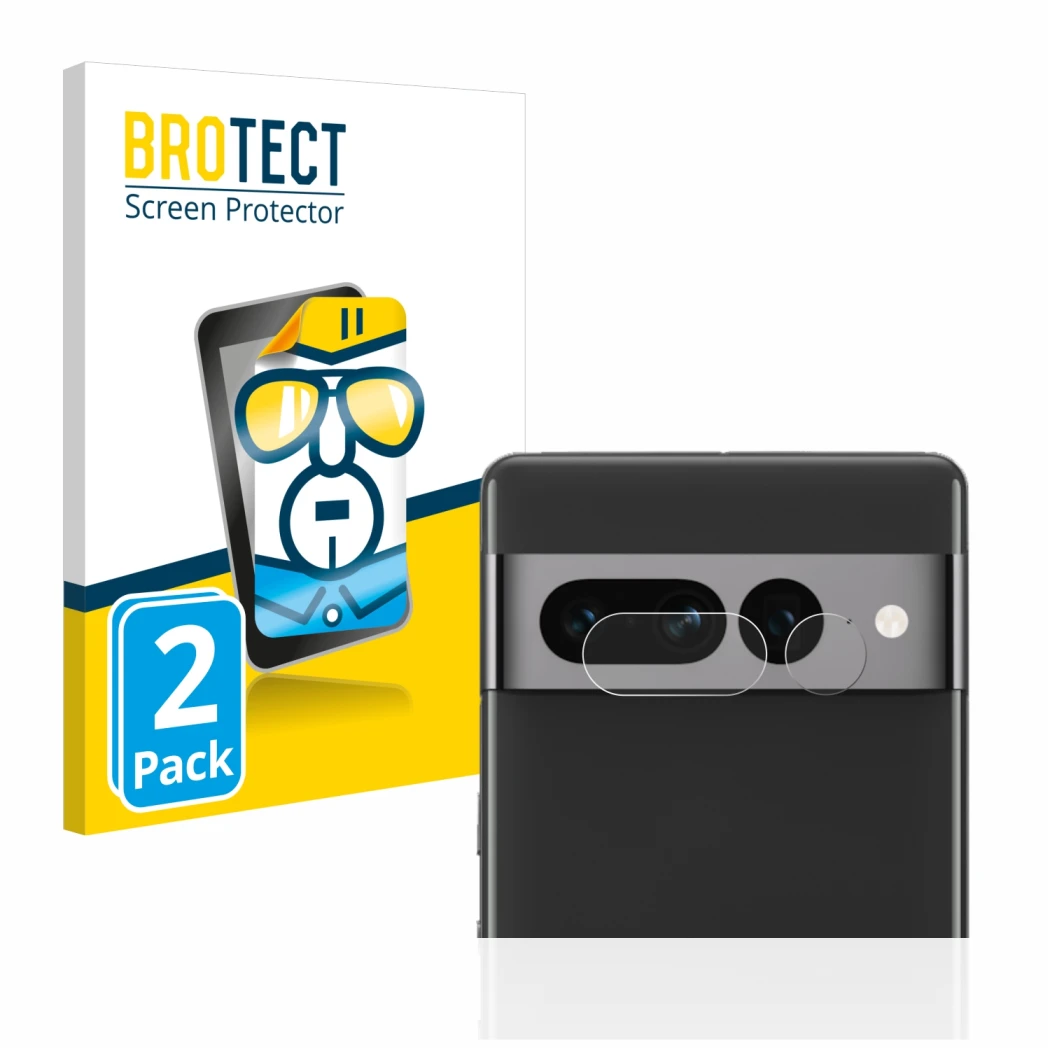 Front side of a product packaging with the brand logo BROTECT. Next to it is the device Google Pixel 7 Pro (ONLY Camera Lens) 