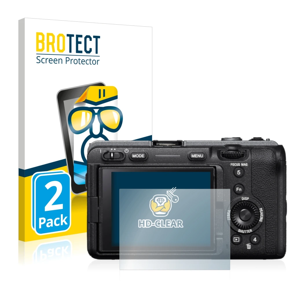 Front side of a product packaging with the brand logo BROTECT. Next to it is the device Sony Alpha FX30 Cinema Line shown with